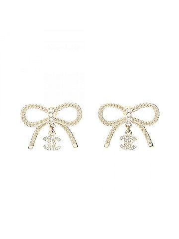 Chanel Chanel Coco Mark Ribbon Swing Earrings, Gold Plated (GP) Rhinestone Women's, Tone (view 1)
