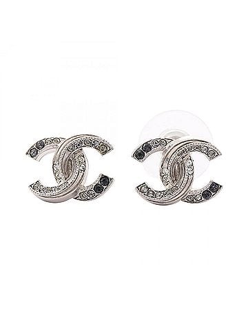 Chanel Chanel Coco Mark Earrings, Stainless Steel with Rhinestones, Women's, Silver, Clear, Black (view 1)