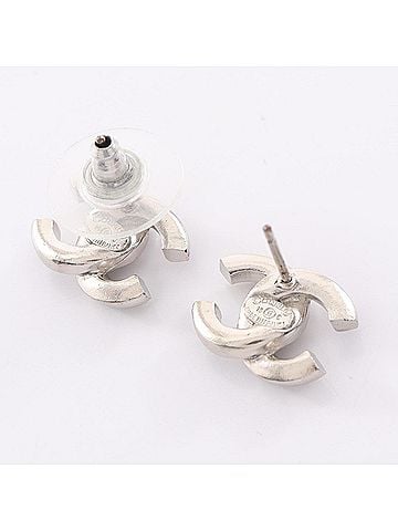 Chanel Chanel Coco Mark Earrings, Stainless Steel with Rhinestones, Women's, Silver, Clear, Black (view 2)