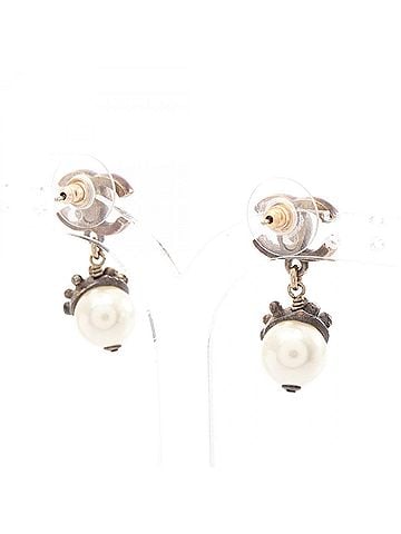 Chanel Chanel Coco Mark Earrings, Gold Plated (GP), Faux Pearl, Rhinestone, Women's, Gold/White Tones (view 2)