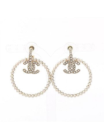 Chanel Chanel Coco Mark Circle Earrings, Gold Plated (GP), Rhinestone, Faux Pearl, Women's, Tones, Clear White B22 B (view 1)