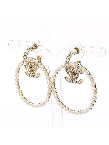 Chanel Chanel Coco Mark Circle Earrings, Gold Plated (GP), Rhinestone, Faux Pearl, Women's, Tones, Clear White B22 B (view 2)