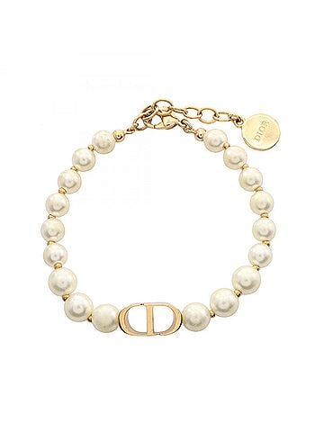 Christian Dior Christian Dior Dior CD Logo Bracelet, Gold Plated (GP), Faux Pearl, Women's, Gold/White Tones (view 1)