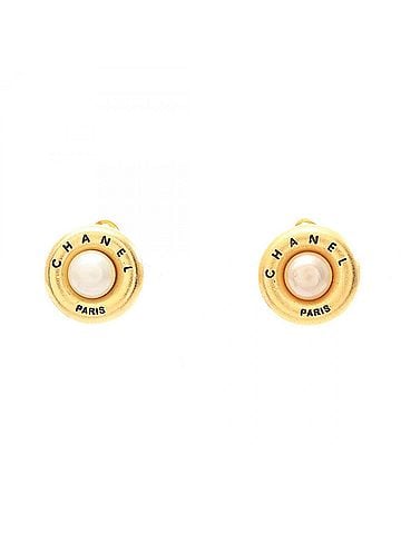 Chanel Chanel logo round earrings, gold-plated (GP) faux pearl, women's, gold and white tones. (view 1)