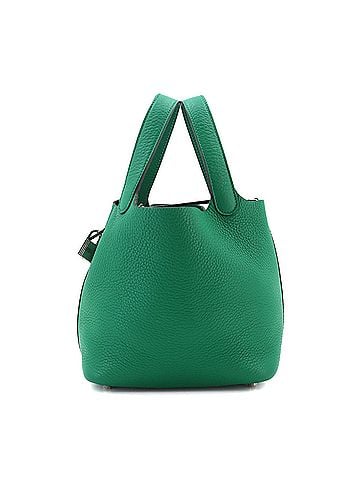 Piko Piko Hermes Picotin Lock PM handbag, made of Taurillon Clemence leather in Vert Vertigo color, with a Y stamp and silver hardware. (view 1)