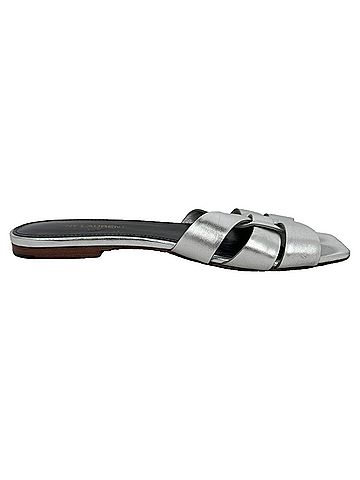 Saint Laurent Saint Laurent Tribute Woven Metallic Slides in Silver Leather (view 1)