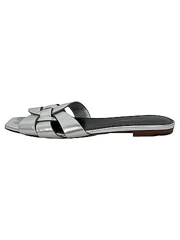 Saint Laurent Saint Laurent Tribute Woven Metallic Slides in Silver Leather (view 2)