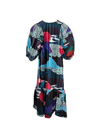 Oliphant Abstract Print Cotton Button Front Tiered Midi Dress Balloon Sleeve Casual Dress (view 2)