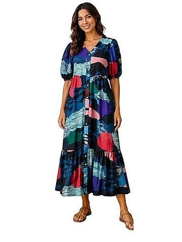 Oliphant Abstract Print Cotton Button Front Tiered Midi Dress Balloon Sleeve Casual Dress (view 1)