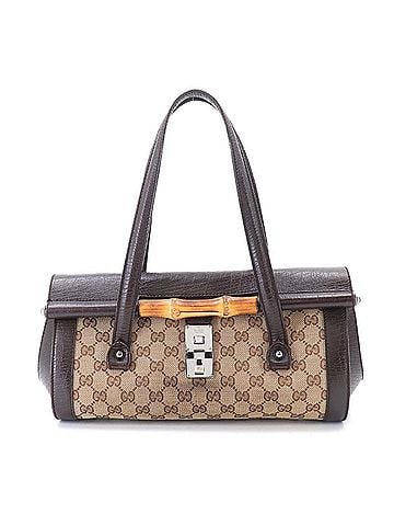 Gucci Gucci Bamboo Handbag, GG Canvas Leather, Brown/Beige, 111713, Silver Hardware. (view 1)