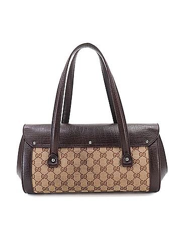 Gucci Gucci Bamboo Handbag, GG Canvas Leather, Brown/Beige, 111713, Silver Hardware. (view 2)