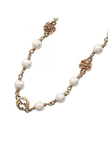 Gucci Gucci Interlocking G Flower Necklace, Gold Plated (GP), Faux Pearl, Women's, Gold/White Tones (view 1)