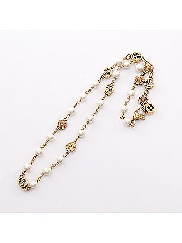 Gucci Gucci Interlocking G Flower Necklace, Gold Plated (GP), Faux Pearl, Women's, Gold/White Tones (view 2)