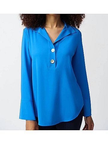 Joseph Ribkoff Collared Long Sleeve Gauze Top in Coastal Blue (view 2)