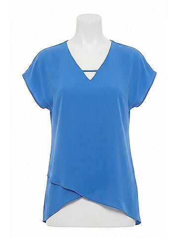 Joseph Ribkoff V-Neck Lightweight Asymmetric Top in Coastal Blue (view 1)