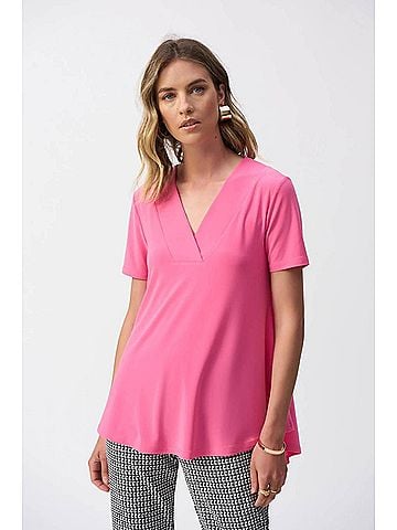 Joseph Ribkoff V-Neck Short Sleeve Flared Top in Bubble Gum (view 2)
