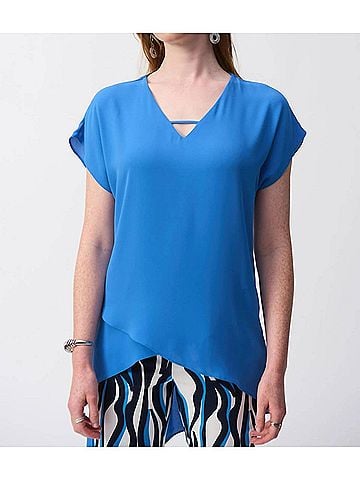 Joseph Ribkoff V-Neck Lightweight Asymmetric Top in Coastal Blue (view 2)