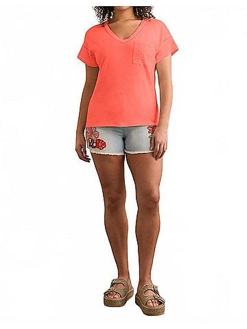 Tribal Short Sleeve Frill V-Neck Top With Ladder Tape in Coral Glow (view 2)