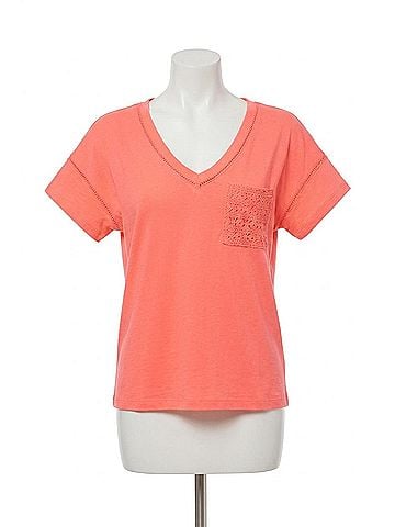 Tribal Short Sleeve Frill V-Neck Top With Ladder Tape in Coral Glow (view 1)
