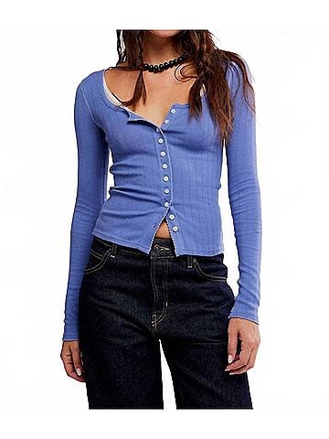 Free People End Game Pointelle Long Sleeve Top in Periwinkle (view 2)