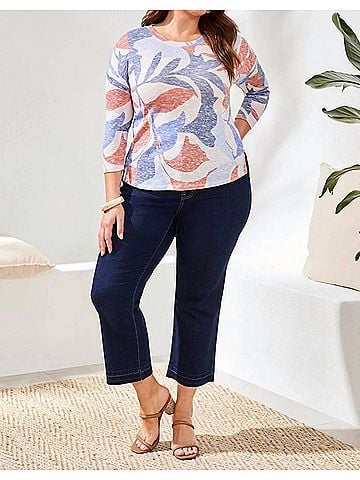 Tribal Three Quarter Sleeve Crew Neck Top in Sky (view 2)
