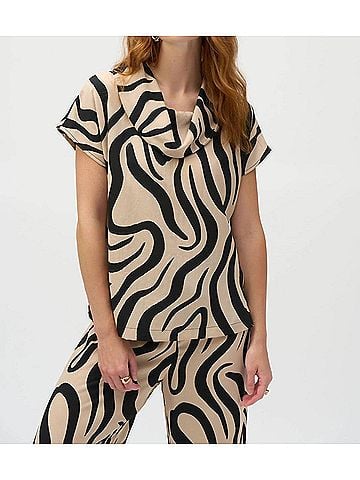 Joseph Ribkoff Abstract Print Cowl Neck Top in Beige/Black (view 2)