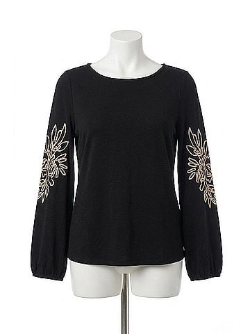 Tribal Soutache Embroidered Boat Neck Puff Sleeve Top in Black (view 1)