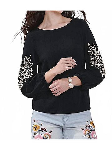 Tribal Soutache Embroidered Boat Neck Puff Sleeve Top in Black (view 2)