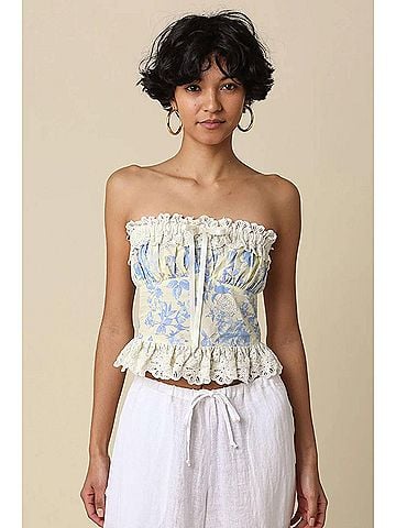 Olivaceous Savannah Strapless Top in Blue Floral (view 2)