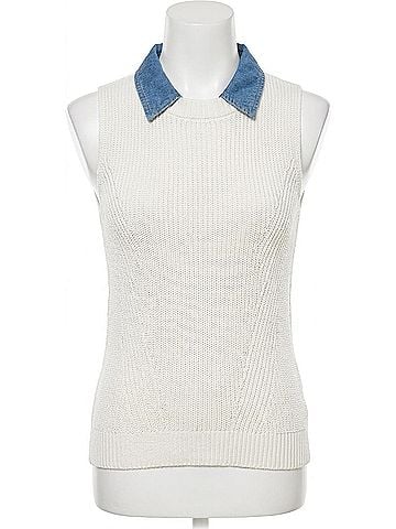 Central Park West Serena Mixed Stitch Denim Collar Shell Tank in White (view 1)
