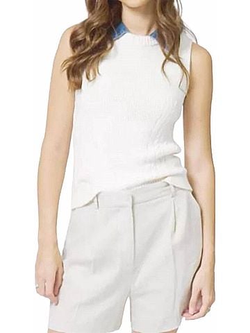 Central Park West Serena Mixed Stitch Denim Collar Shell Tank in White (view 2)