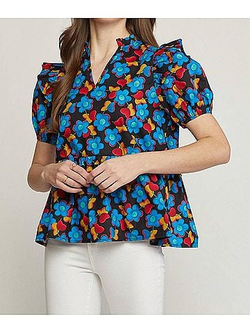 Entro Floral &amp; Ruffle Top in Blue (view 2)