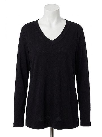 Tribal Long Sleeve V-Neck Top With Side Slits in Black (view 1)
