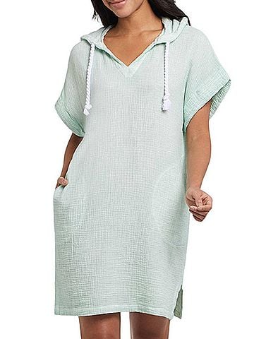 Tribal Beach Cover Up Hooded Dress in Seafoam Green (view 2)
