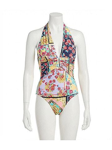 Johnny Was Japer Halter Plunge Neckline One Piece Swimsuit in Multi-Color (view 1)
