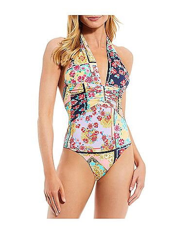 Johnny Was Japer Halter Plunge Neckline One Piece Swimsuit in Multi-Color (view 2)