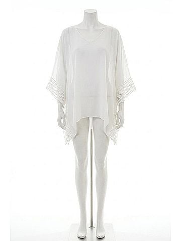 Joseph Ribkoff V-Neck Lace Trim Poncho Top in Vanilla (view 1)