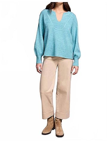 Tribal Mandarin Collar Long Puff Sleeve Sweater in Mist Blue (view 2)