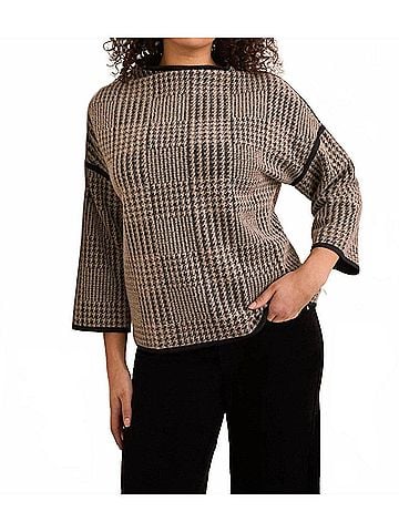 Tribal Three Quarter Sleeve Mock Neck Jacquard Plaid Top in Sandstone (view 2)