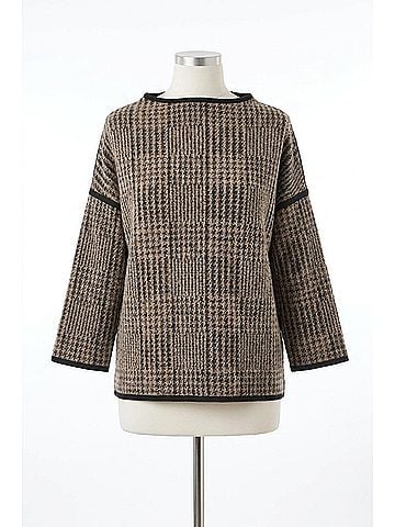 Tribal Three Quarter Sleeve Mock Neck Jacquard Plaid Top in Sandstone (view 1)