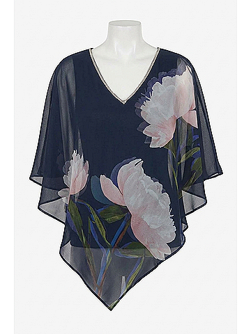 Joseph Ribkoff Floral Print V-Neck Poncho Top in Midnight Blue/Multi (view 1)
