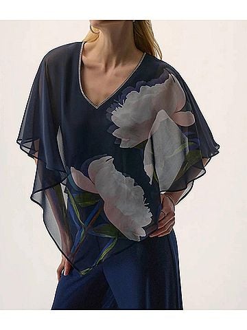 Joseph Ribkoff Floral Print V-Neck Poncho Top in Midnight Blue/Multi (view 2)
