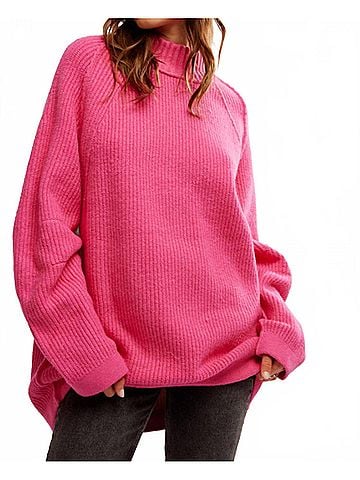 Free People Sunbeam Long Sleeve Mock Neck Sweater in Hot Pink (view 2)