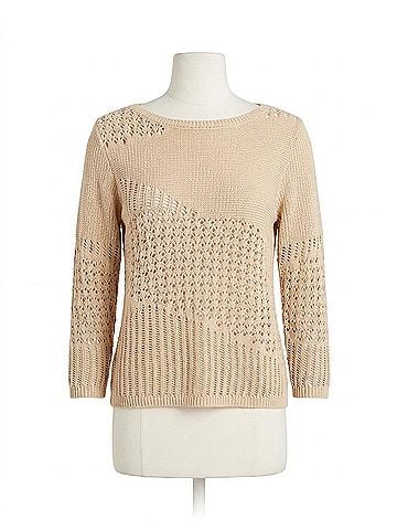 Tribal Crochet Knit Three Quarter Sleeve Sweater in Coco Cream (view 1)