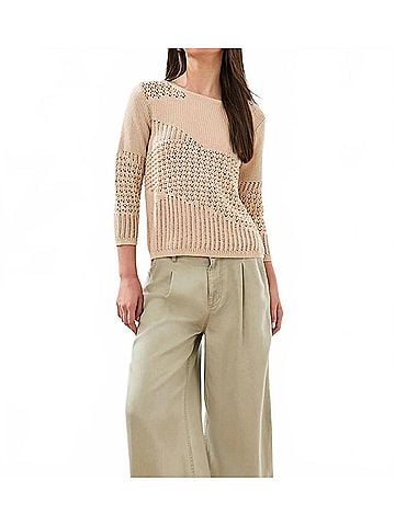 Tribal Crochet Knit Three Quarter Sleeve Sweater in Coco Cream (view 2)