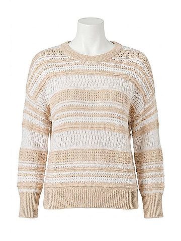 Tribal 3/4 Sleeve Scoop Neck Sweater in White Stripe (view 1)