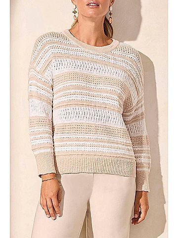 Tribal 3/4 Sleeve Scoop Neck Sweater in White Stripe (view 2)