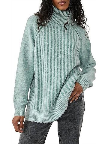 Free People Big City Ribbed Pullover Turtleneck Sweater in Green (view 2)