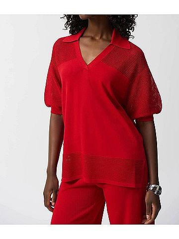 Joseph Ribkoff Sweater Knit V-Neck Puff Sleeve Top in Radiant Red (view 2)