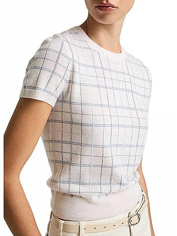 Vince. Plaid Short Sleeve Crew Sweater in Blue Lagoon Multi (view 2)